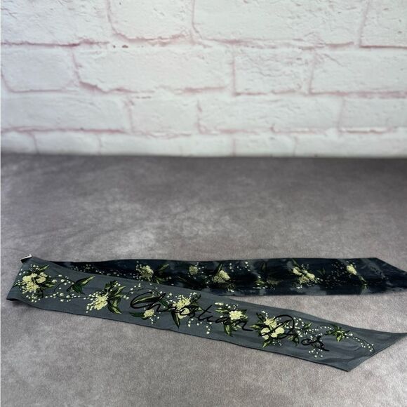 Christian Dior Mitzah Gray Floral Blue Silk Scarf Twilly - Picture 2 of 10